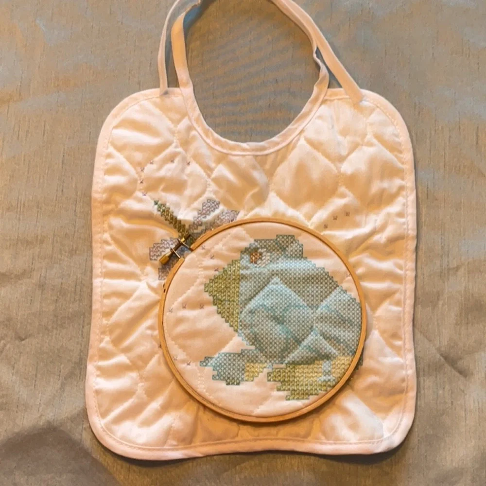 VTG Unfinished Cross Stitch Baby Bib Frog